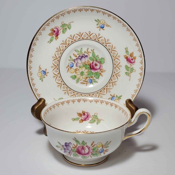 Royal Chelsea Teacup and Saucer Pink Yellow Purple Flowers Bone China Vintage - Picture 9 of 10